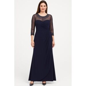 Alex Evenings Dress Womens 12 Navy Evening Gown Beaded Mesh Yoke Elegant